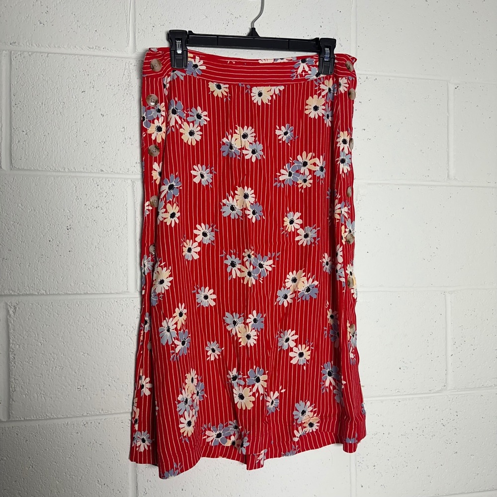 Madewell Red Floral Pinstripe Button Side Midi Skirt Womens 4 High Waist Boho
